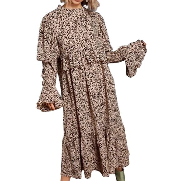 Sister Jane Lookout Maxi Dress Womens S Beige Black Leopard Ruffle Cottage Boho